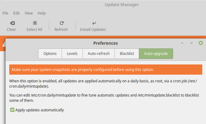 Tick the box "Apply updates automatically" and ignore any warnings about system stability